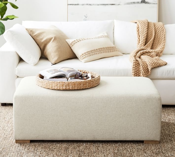 Rectangular Ottoman, Off-White Linen Texture Tapered Legs Coffee Table