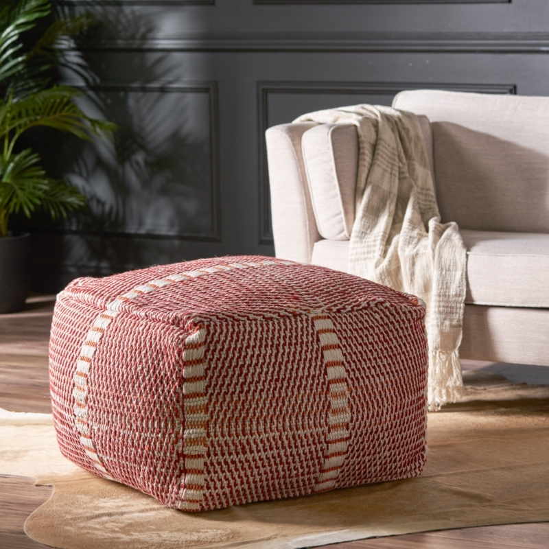 Rectangular Ottoman Pouf Multi-Color Geometric Raised Texture Tassels