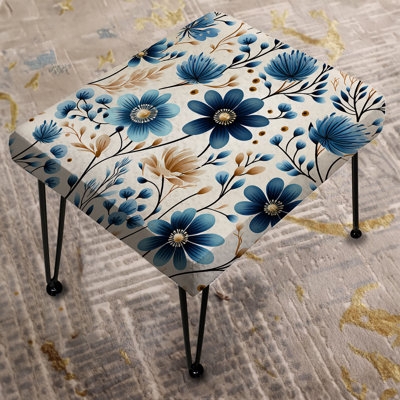 Rectangular Ottoman Scandinavian Print Light Blue White Tapered Stool