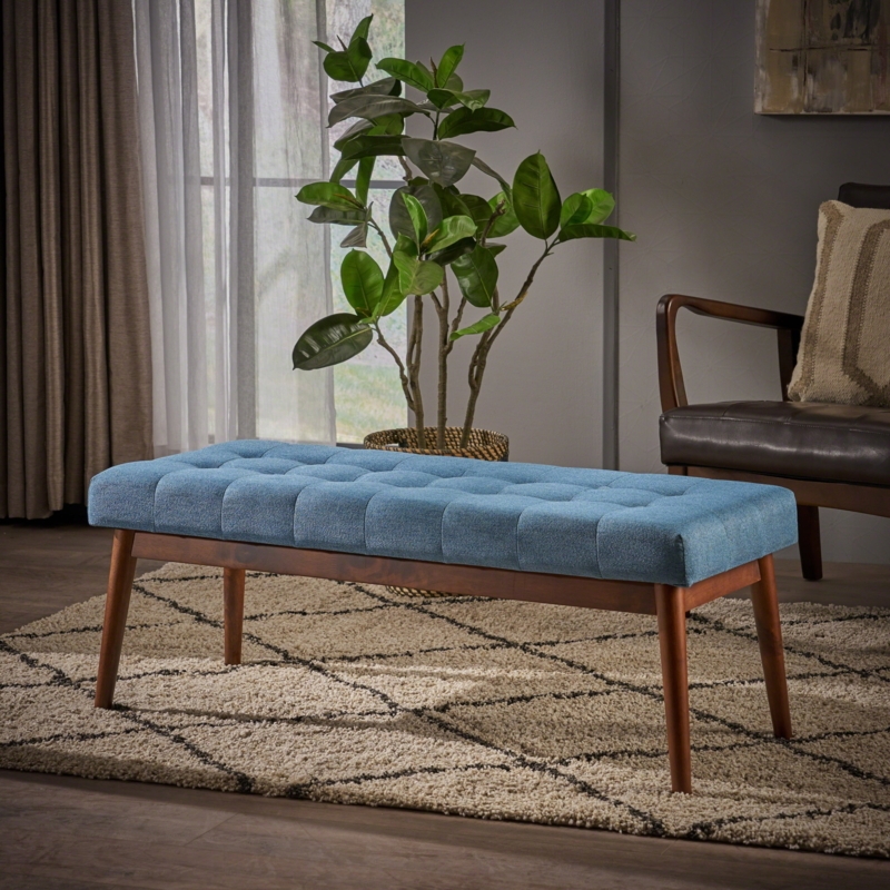 Rectangular Ottoman with Button Tufting and Tapered Walnut Legs