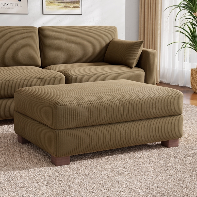 Rectangular Pouf, Cream Corduroy Ribbed Texture Minimalist Floor Seat