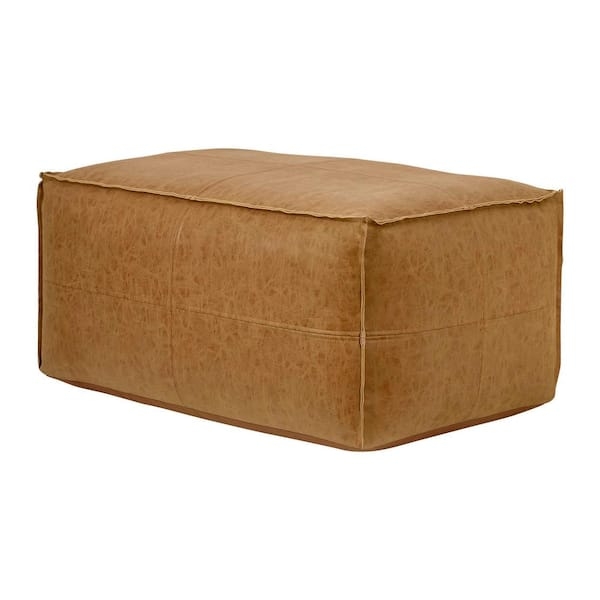 Rectangular Pouf, Sienna Brown Leather-Like Stitched Seams Floor Bench