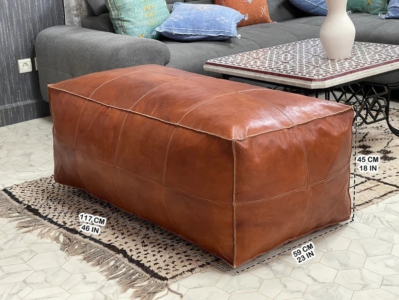 Rectangular Tan Pouf Ottoman with Intricate Hand-Stitching