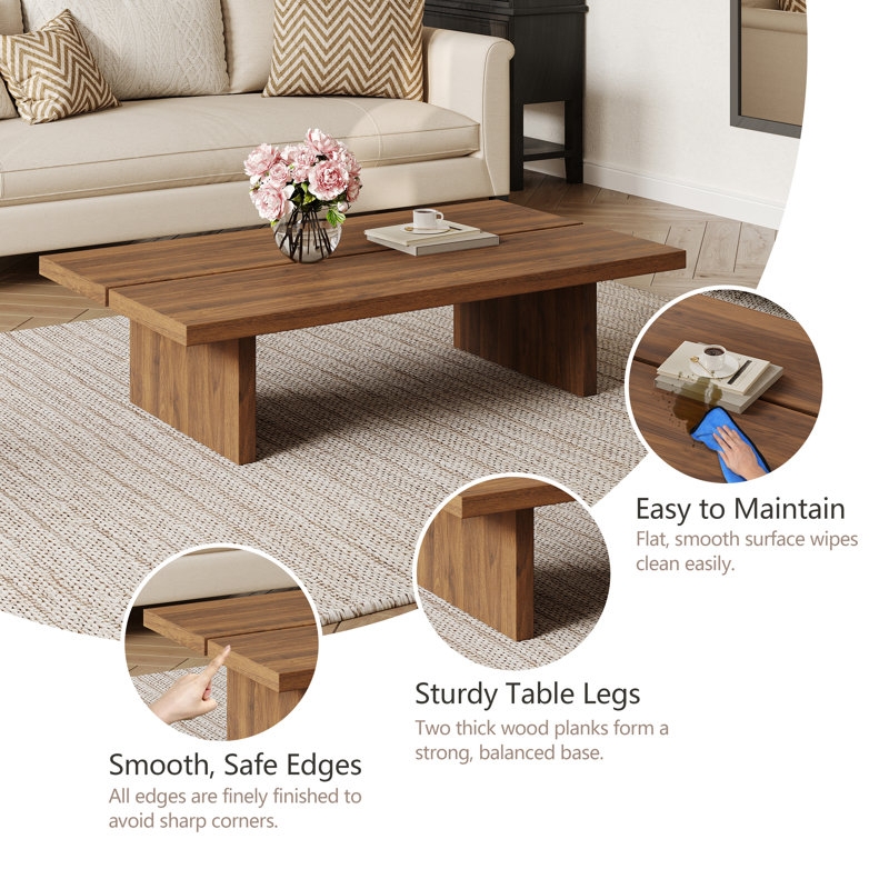 Rectangular Wood Toned Coffee Table with Thick Mitered Edges