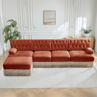Red Brown Velvet Sectional Sofa Tassel Fringe Modular Chesterfield