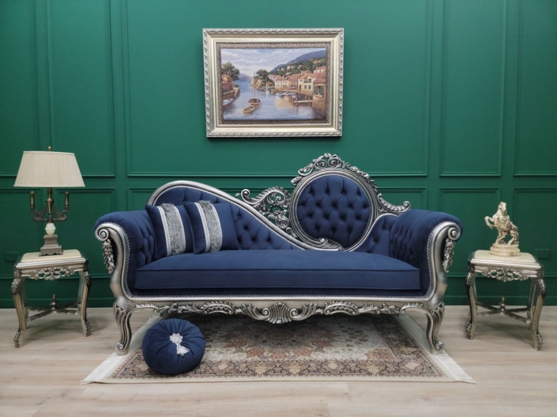 Regal Sofa with Silver Leaf Frame and Navy Velvet-Like Fabric (66 chars)