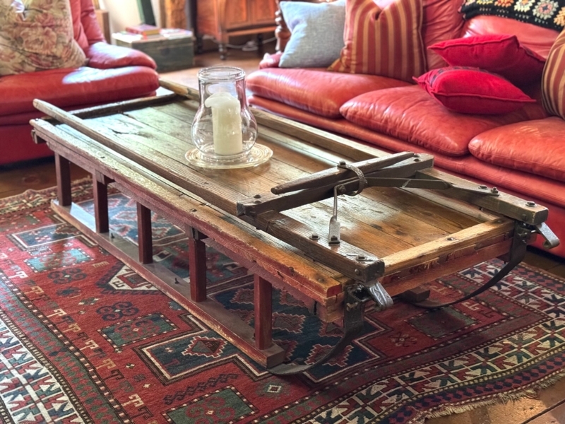Repurposed Antique Sled Coffee Table with Glass Overlay Top