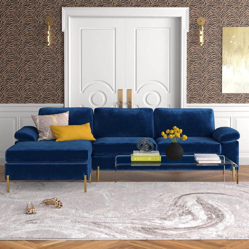 Reversible Chaise Sectional Sofa L-Shaped Navy Velvet Gold Legs