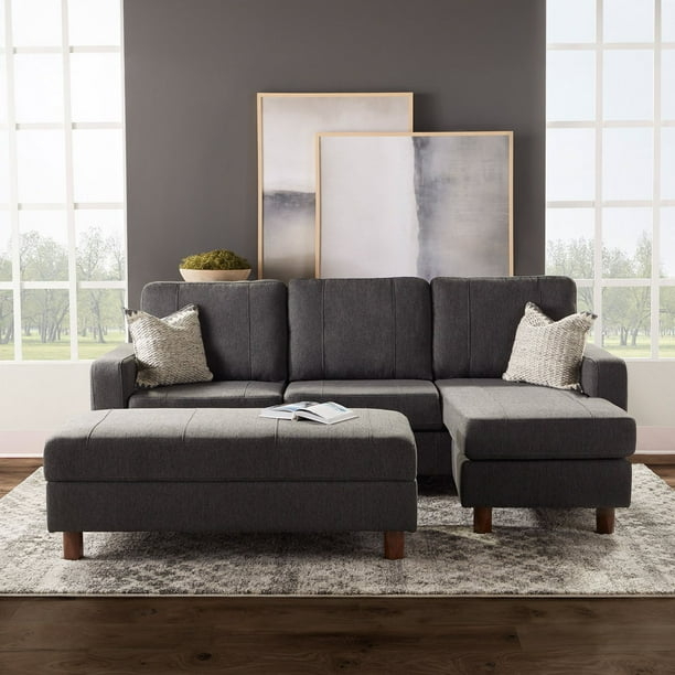 Reversible Sectional with Ottoman Charcoal Grey Storage Chaise Fabric