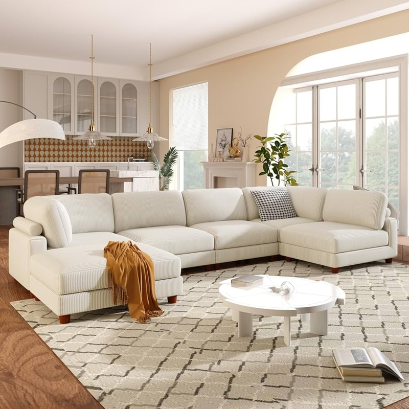 Ribbed Sectional Sofa with Square Ottoman, Ribbed Fabric L-Shaped Sofa Decor.