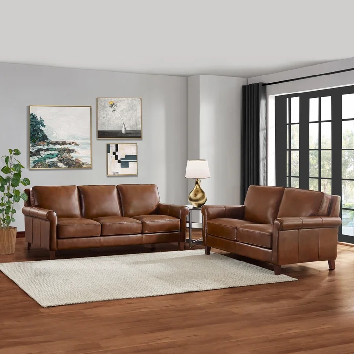 Rich Cognac Living Room Set with Transitional Track Arms