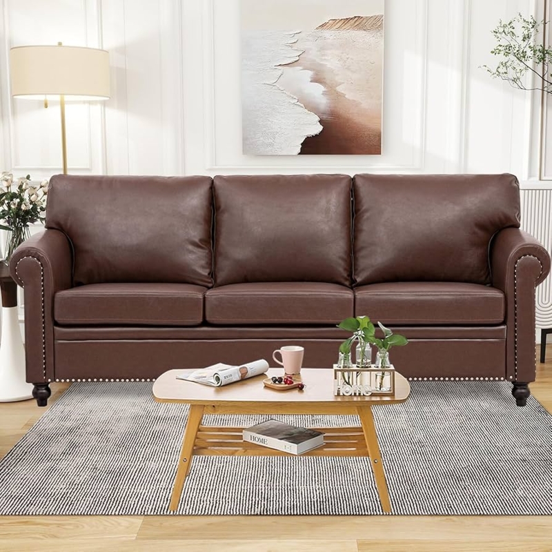 Rivet Rolled Arm Cognac Sofa Vertical Channeling Faux Leather
