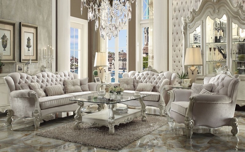 Rococo Living Room Set in Ivory and Gold with Deep Diamond Tufting