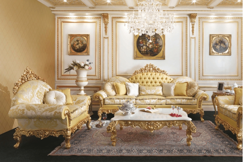 Rococo Sofa Carved Gold Frame Dusty Blue Velvet Button Tufted