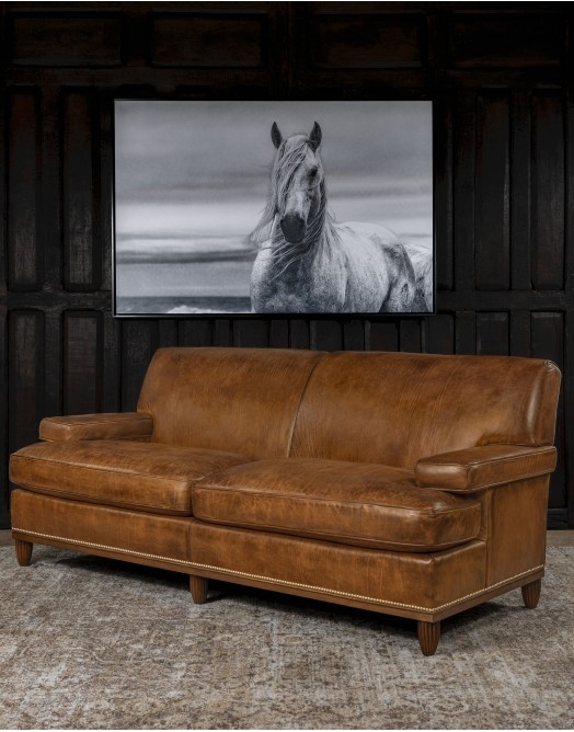 Rolled Arm Sofa, Brass Nailhead Trim, Western Ranch Style Living Room