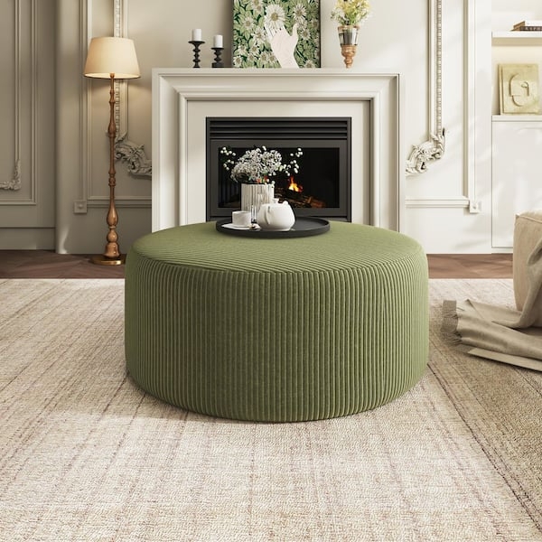 Round Accent Ottoman Ribbed Surface Olive Green Corduroy Modern Style