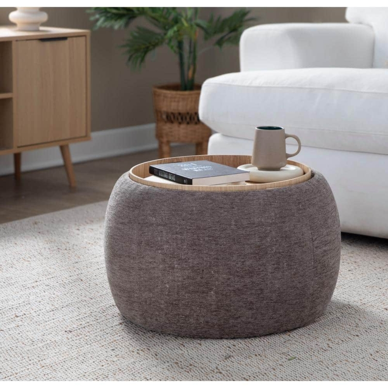 Round Brown Fabric Ottoman with Wood Tray Top & Tapered Legs