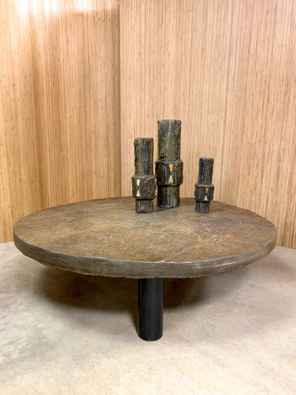 Round Brutalist Slate Coffee Table Natural Cleft Edge Vintage