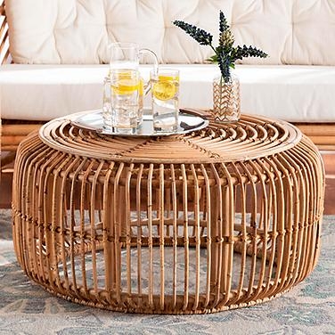 Round Cane Weave Coffee Table Drum Silhouette Natural Finish