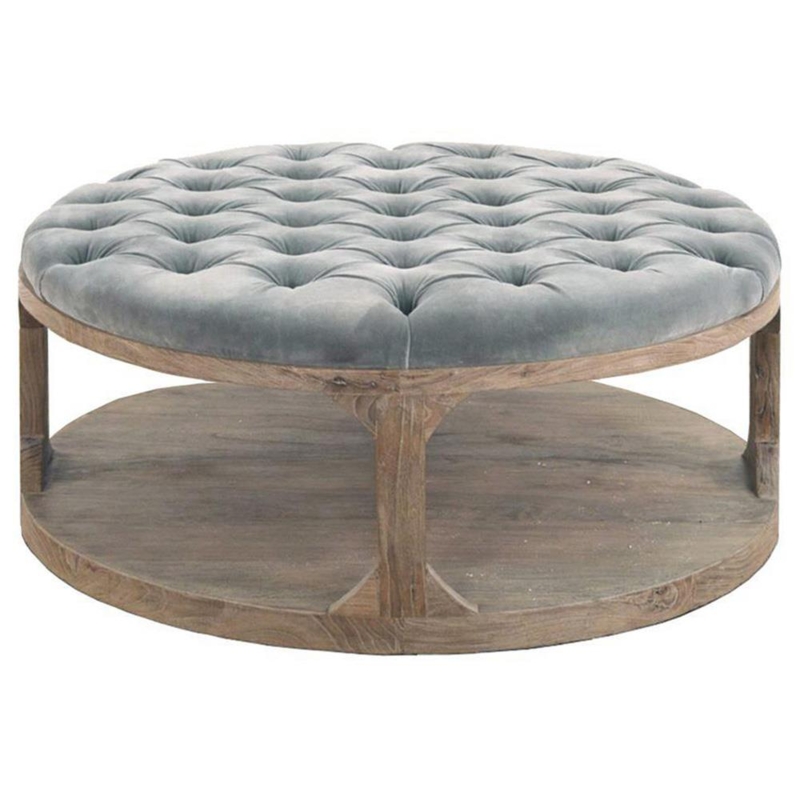 Round Cocktail Ottoman Blue Velvet Tufted Slatted Shelf