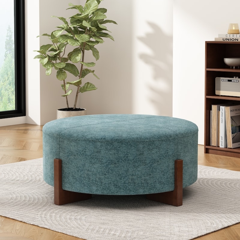 Round Cocktail Ottoman, Brown Leather-Like Deep Diamond Tufted Surface