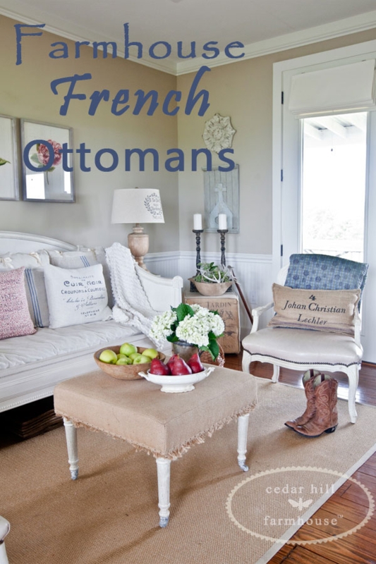 Round Cocktail Ottoman French Script Print Tufted Whitewashed
