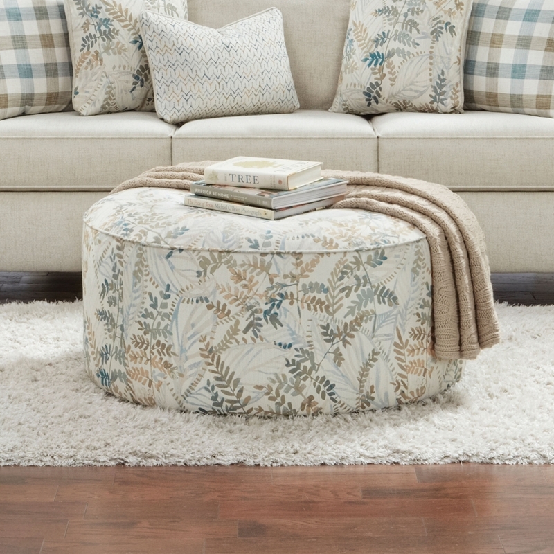 Round Cocktail Ottoman, Ivory Chenille Fabric with Lower Storage Shelf