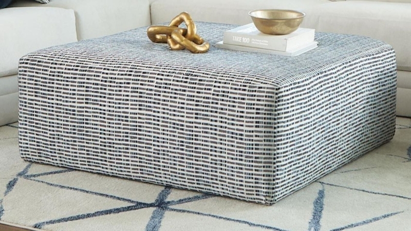 Round Cocktail Ottoman, Navy Blue Diamond Button Tufted Oversized Design