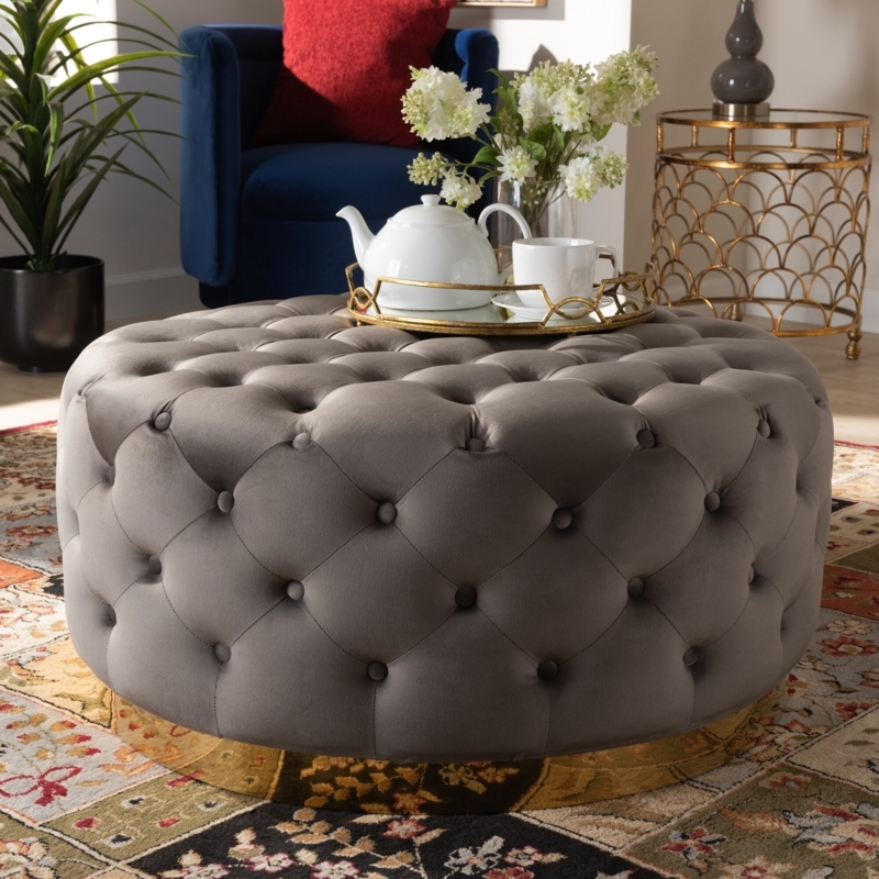 Round Cocktail Ottoman, Navy Blue Velvet with Silver Nailhead Trim Glam
