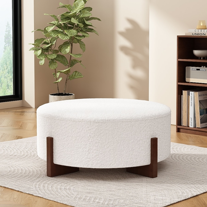 Round Cocktail Ottoman, White Upholstery with Walnut Wood Cross Base