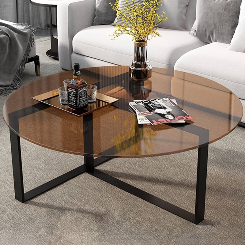 Round Coffee Table Brown Tinted Glass Three Legged Base