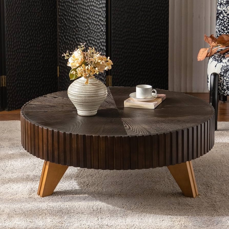 Round Coffee Table, Chunky Tapered Legs, Vintage Wood Finish