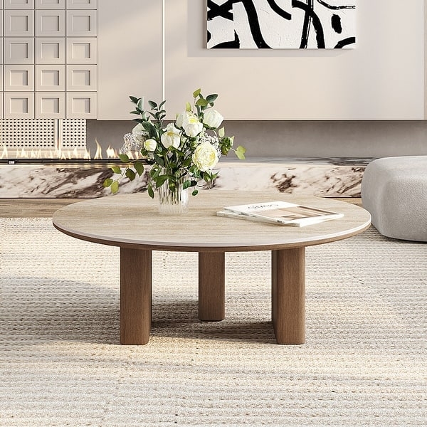 Round Coffee Table, Dark Wood Tripod Cross-Base, Stone-Like Top