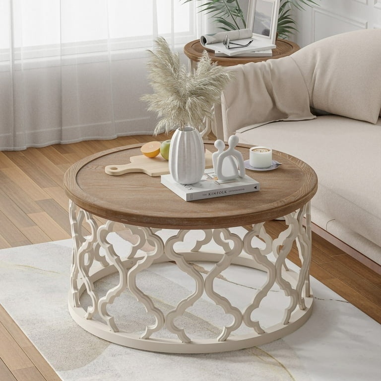 Round Coffee Table Distressed White Tray Top Scalloped Apron