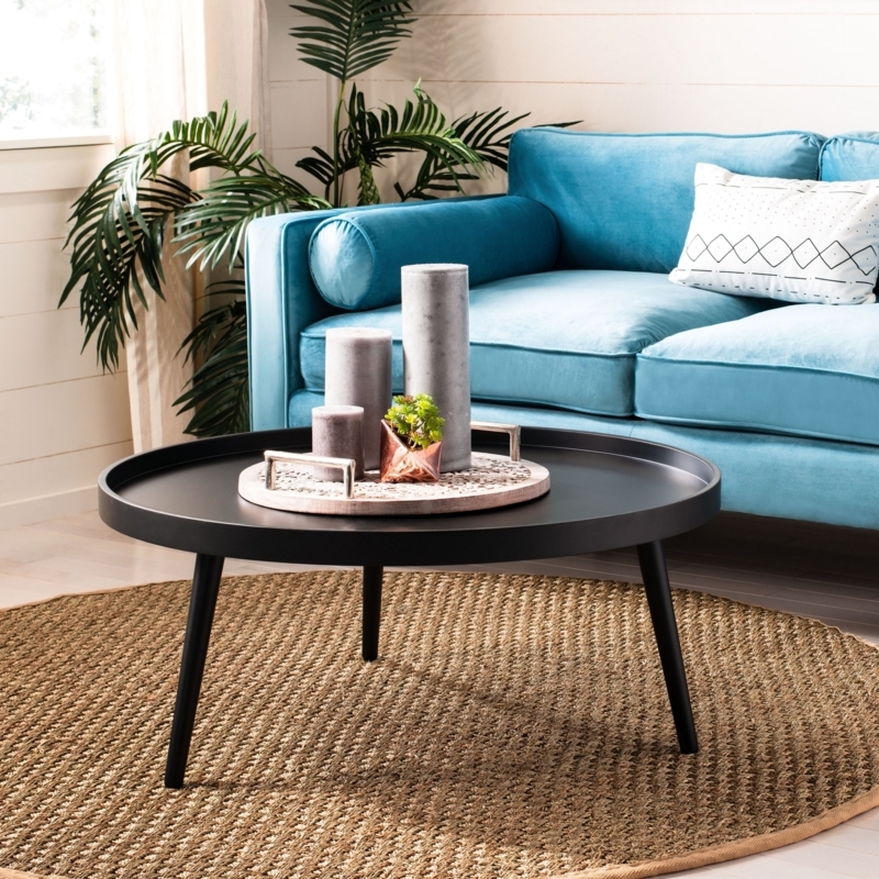 Round Coffee Table Grey Tray Top Black Metal Tripod Base