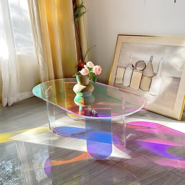 Round Coffee Table Iridescent Acrylic Prismatic Reflections Minimalist
