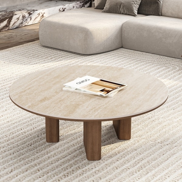 Round Coffee Table, Marbled Stone-Like Top, Four Splayed Wood Legs