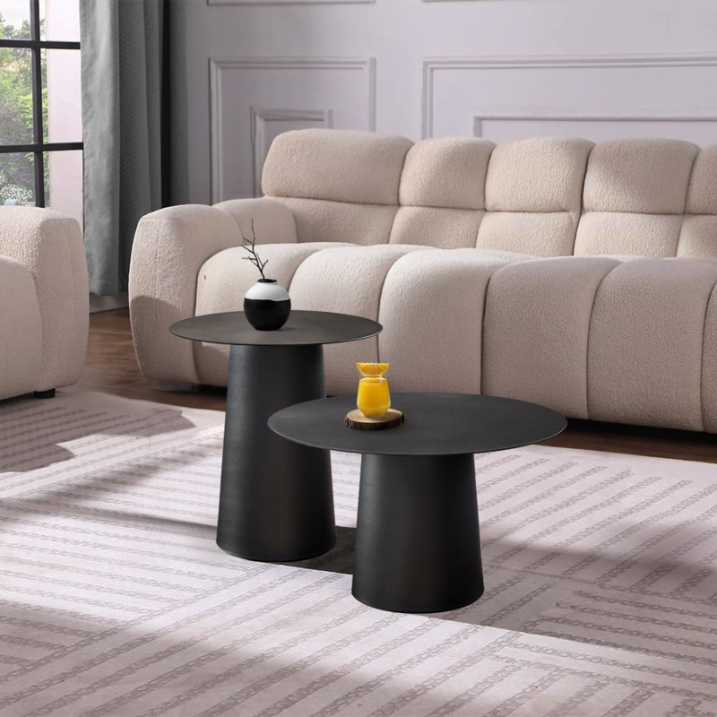 Round Coffee Table Matte Black Caged Pedestal Base