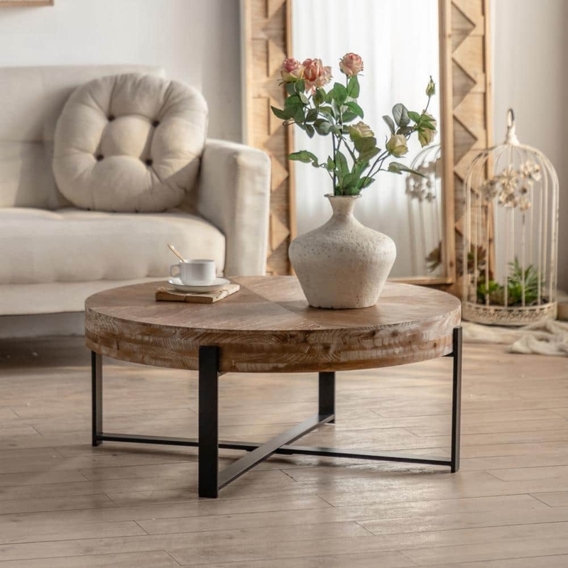 Round Coffee Table Natural Wood Top Black Cross Leg Base