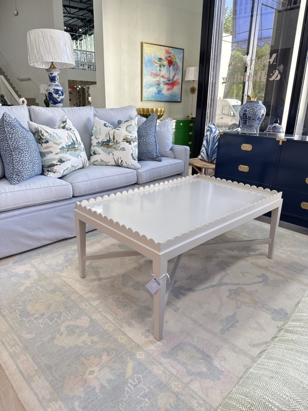 Round Coffee Table Pewter Grey Lacquer Scalloped Apron Finish