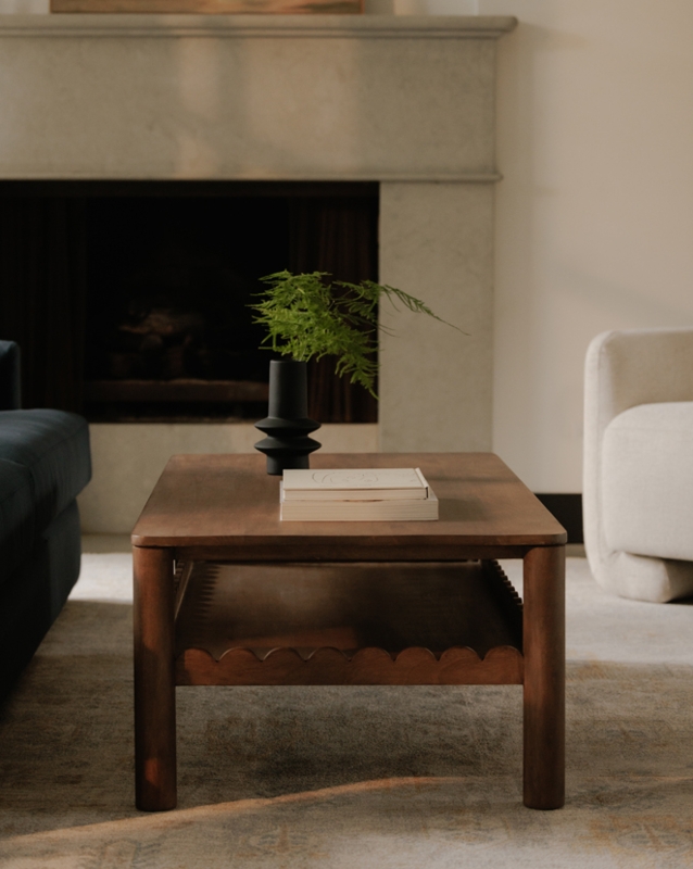 Round Coffee Table Scalloped Base Plaster Like Texture Off White