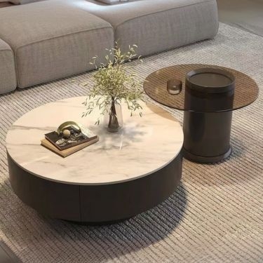 Round Coffee Table Set, Mixed Material Nesting Design