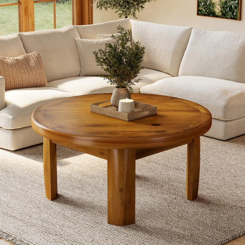 Round Coffee Table Slatted Pedestal Base Natural Wood Japandi Style