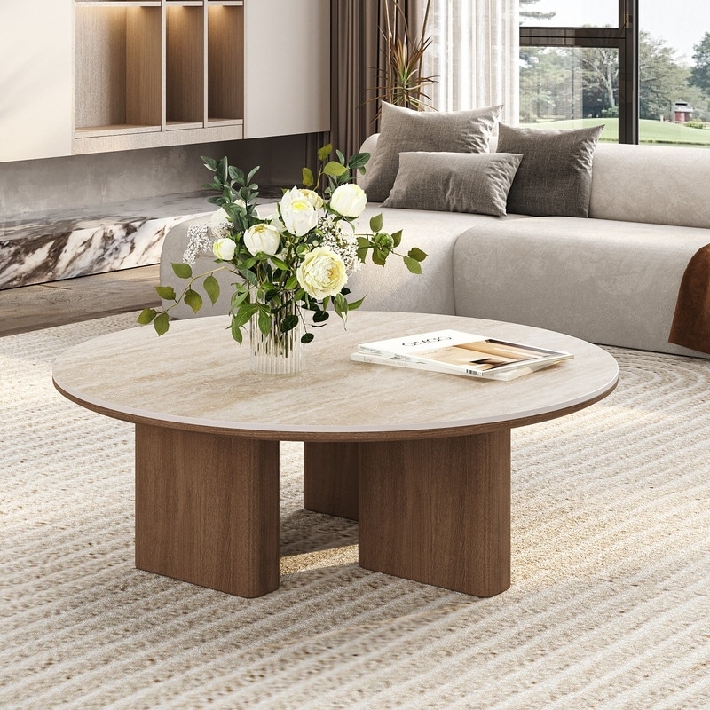 Round Coffee Table, Stone-Like Top, Tripod Splayed Legs, Mid-Century