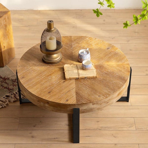Round Coffee Table, Sunburst Wood Pattern, Metal Cross Legs