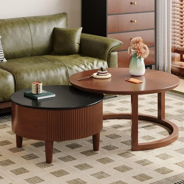 Round Coffee Table, Two-Tone Walnut Top with Black Ribbed Drum Base