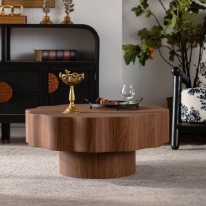 Round Coffee Table Walnut Finish Scalloped Edge Thick Tripod Legs
