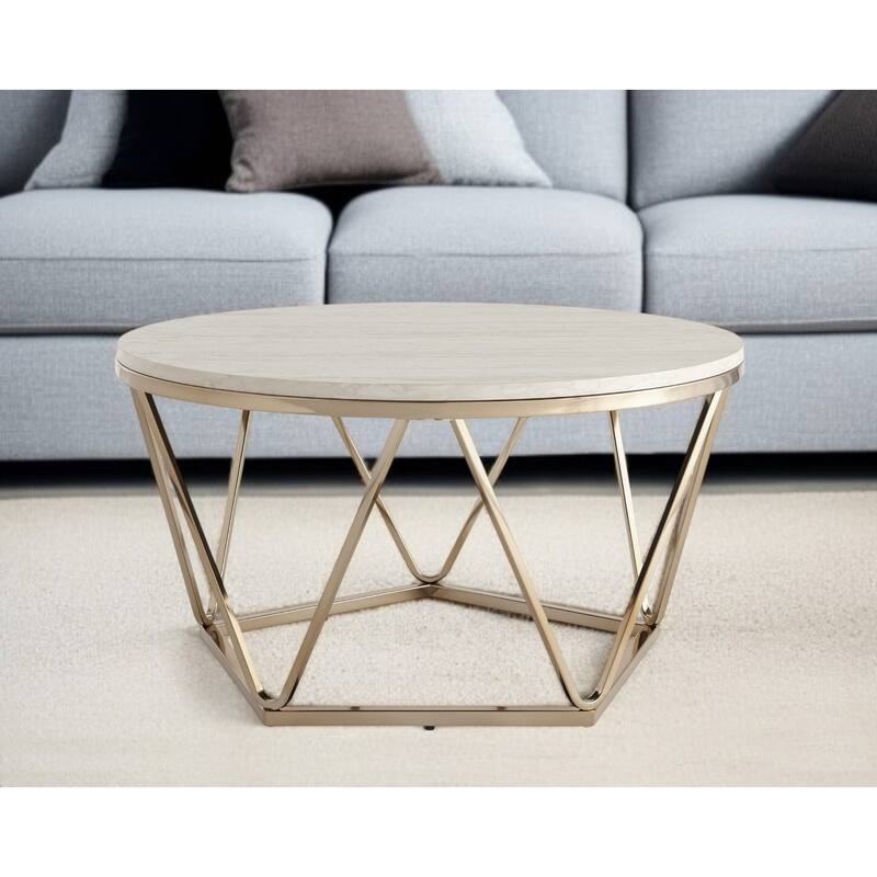 Round Coffee Table White Top Champagne Gold Wireframe Base Glam Style