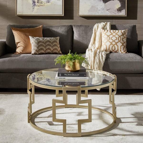Round Coffee Table with Clear Glass Top and Interlocking Ring Base
