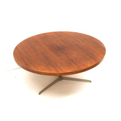 Round Coffee Table with Cross Stretcher Base, Large Vintage Wood